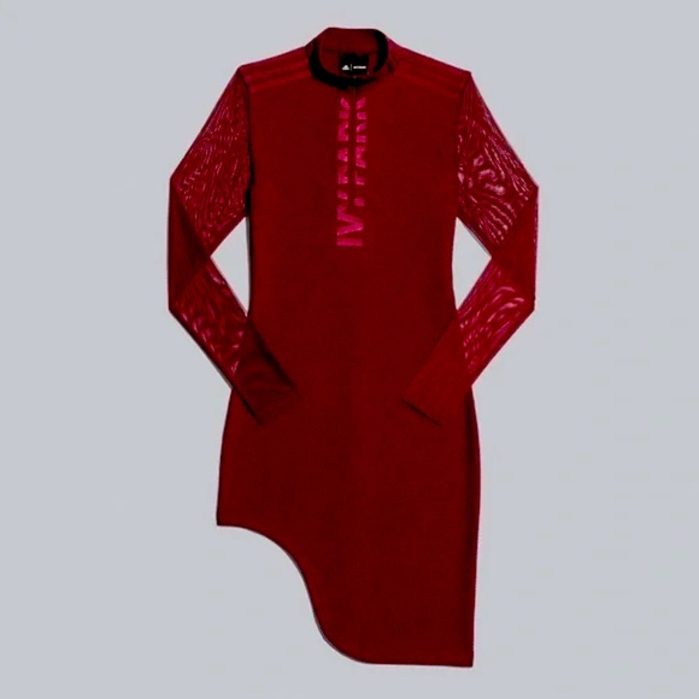 IVYPARK x Adidas Burgundy Asymmetrical Hem Mesh Long Sleeve Dress